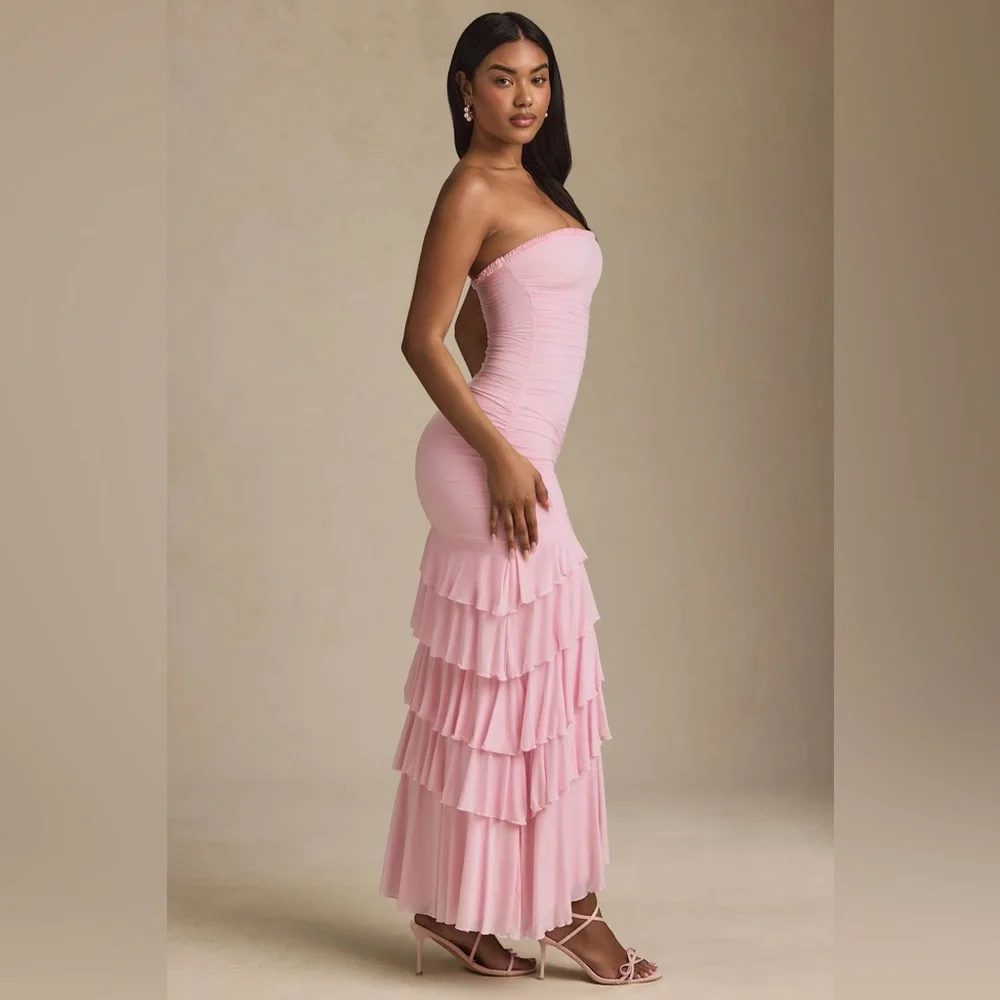 Oh Polly Hayami Bandeau Ruched Ruffle-Trim Maxi Dress in Blush - Size 2 - Picture 7 of 16